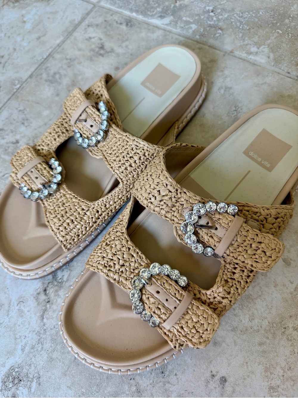 Dolce Vita Beige Woven Slide Sandals with Rhinestone Buckles